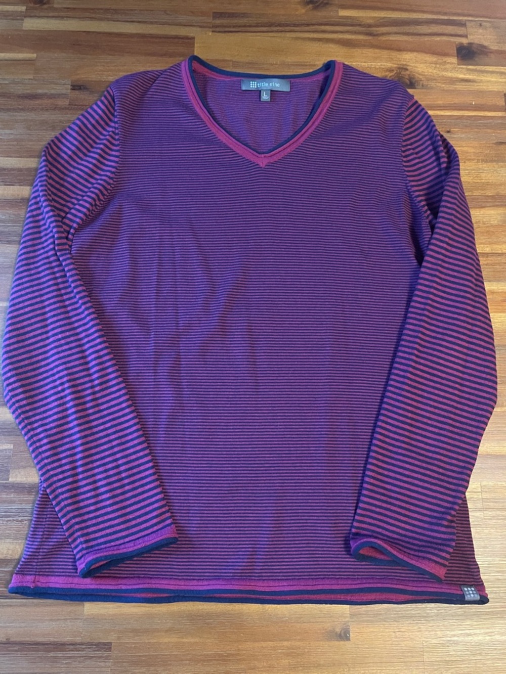 Title Nine Striped V-Neck Long Sleeve Top in Purple & Pink